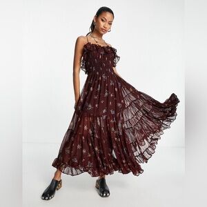 NWT Free People Burgundy Brown  Boho Floral Maxi Dress